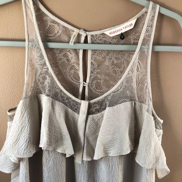 REBECCA TAYLOR WOMENS 2 BEIGE TAN SILK LACE RUFFLE CAMI TANK BLOUSE - Picture 2 of 11